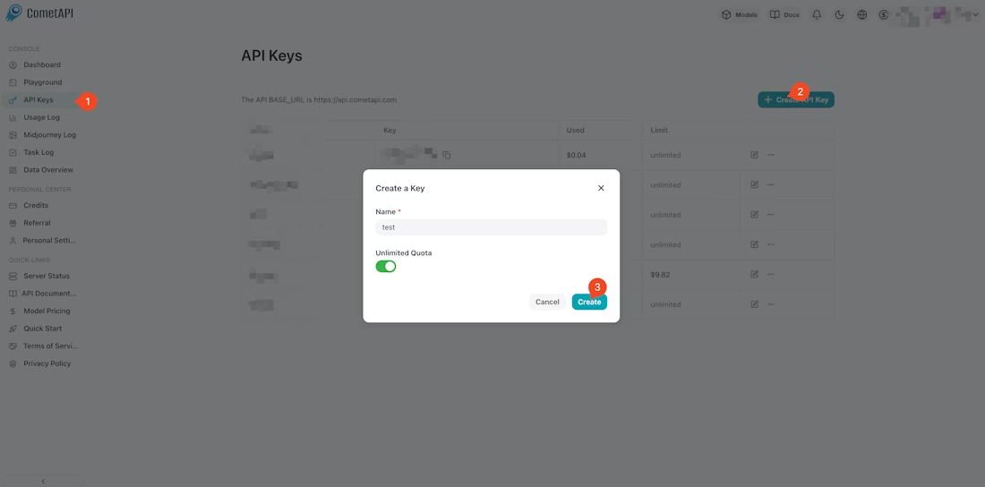 CometAPI dashboard showing the Add API Key button CometAPI dashboard API key generation
