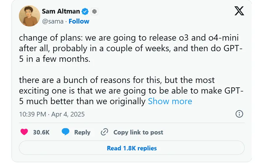 OpenAI anuncia lançamento iminente dos modelos O3 e O4-Mini; lançamento do GPT-5 adiado