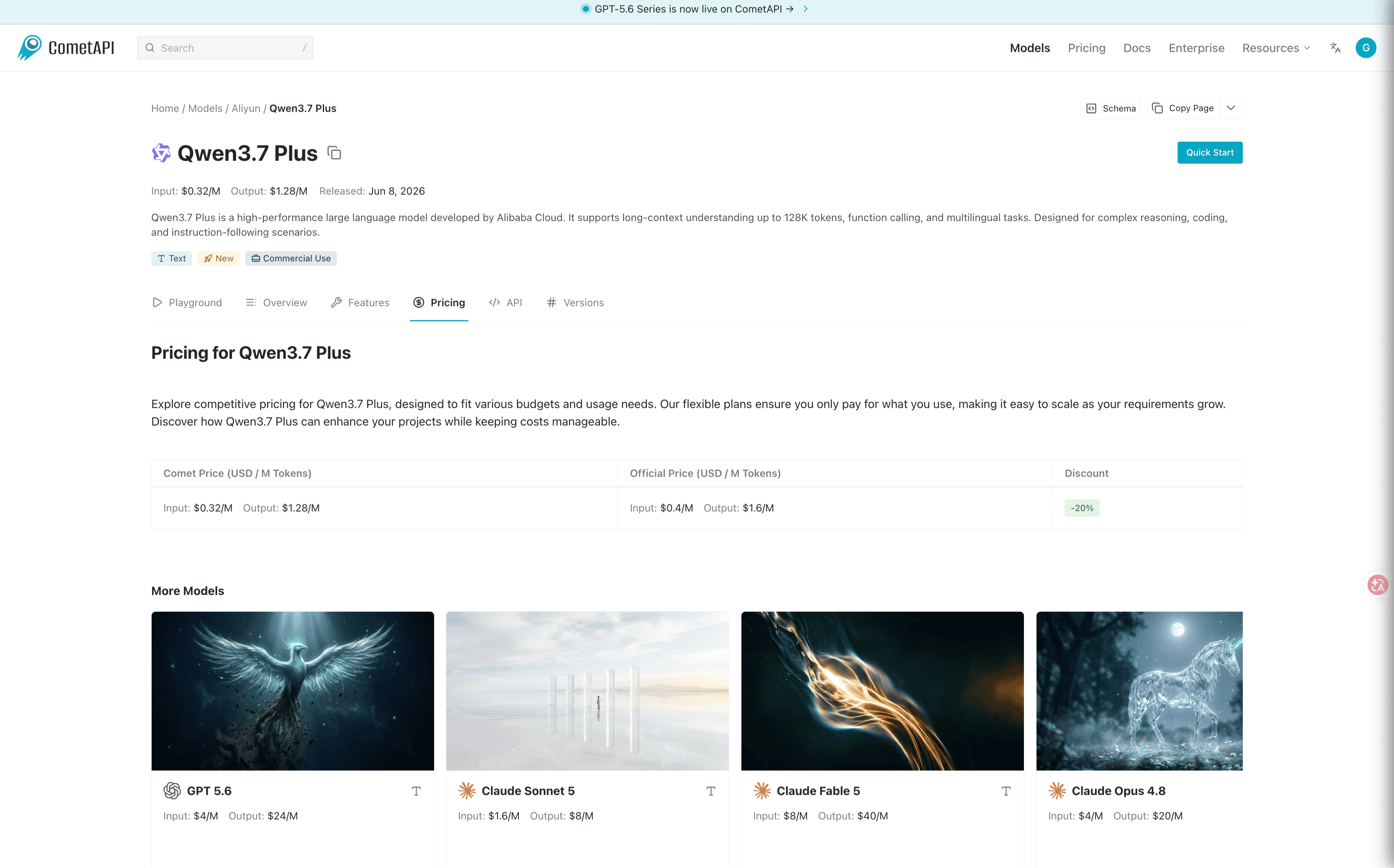 CometAPI Qwen3.7 Plus headline token price and context limits cometapi-qwen37-plus-headline-price